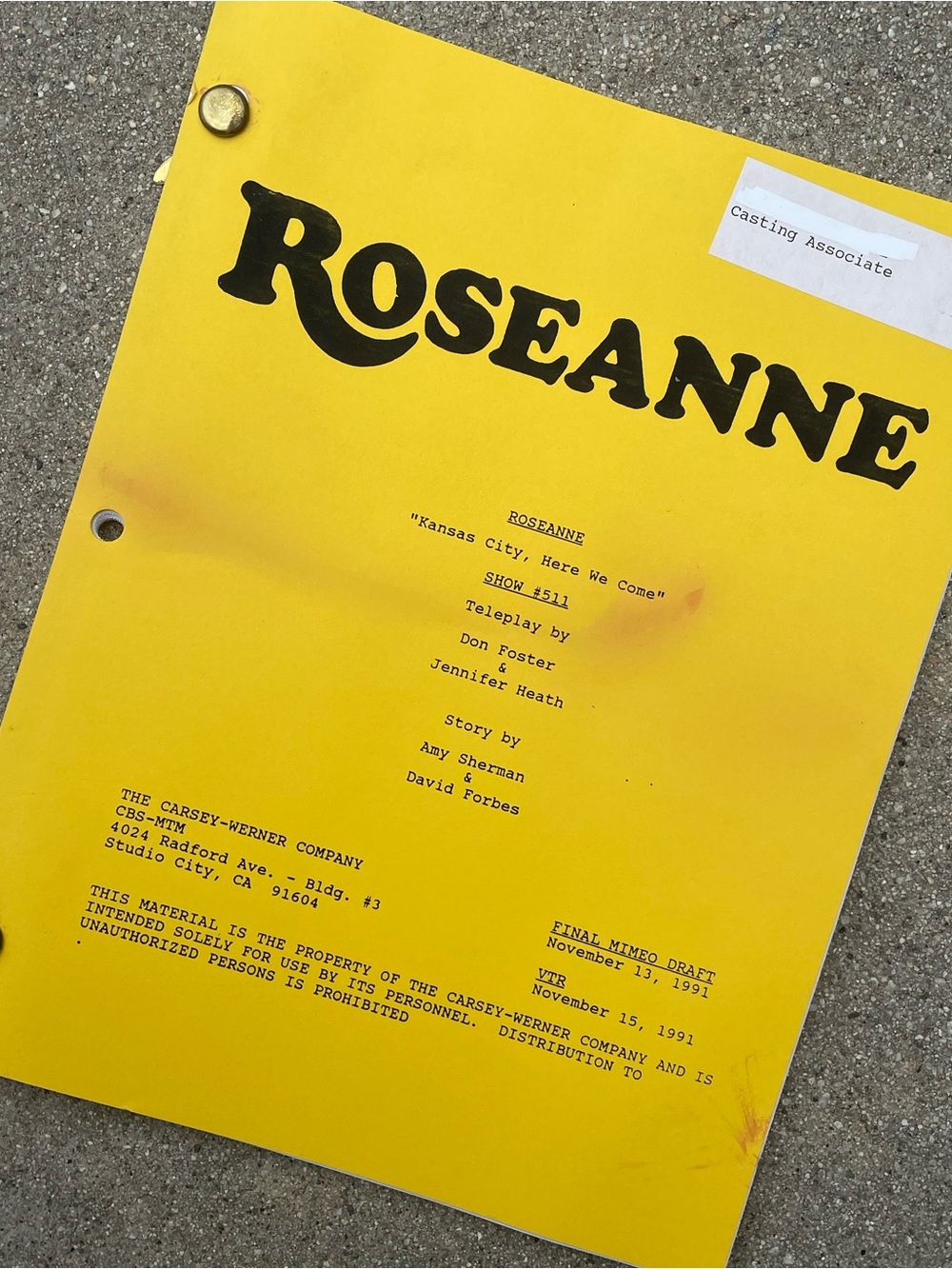 Roseanne Vtg 1991 Production Used Final Mimeo Draft Script KC Here We Come